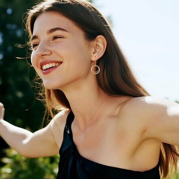 Women Gold Circle Textured Drop Hammered Leverback Dangle Earrings - Picture 5 of 5